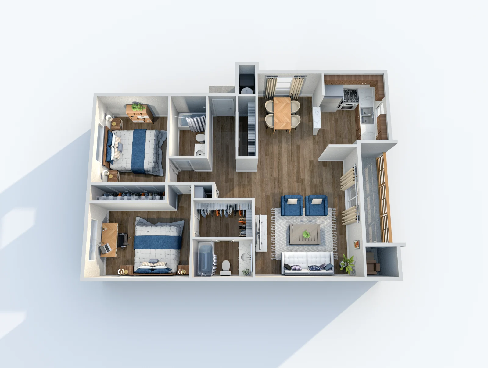 Shore House — floor plan, Plan B1 · 2 bed · 2 baths · 942 sq ft